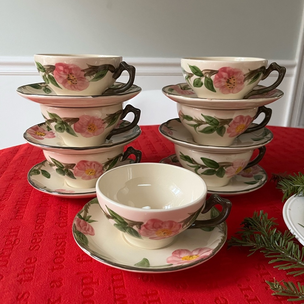 14 piece Franciscan Desert Rose Floral Teacup and Saucer Set - Pink and Green
